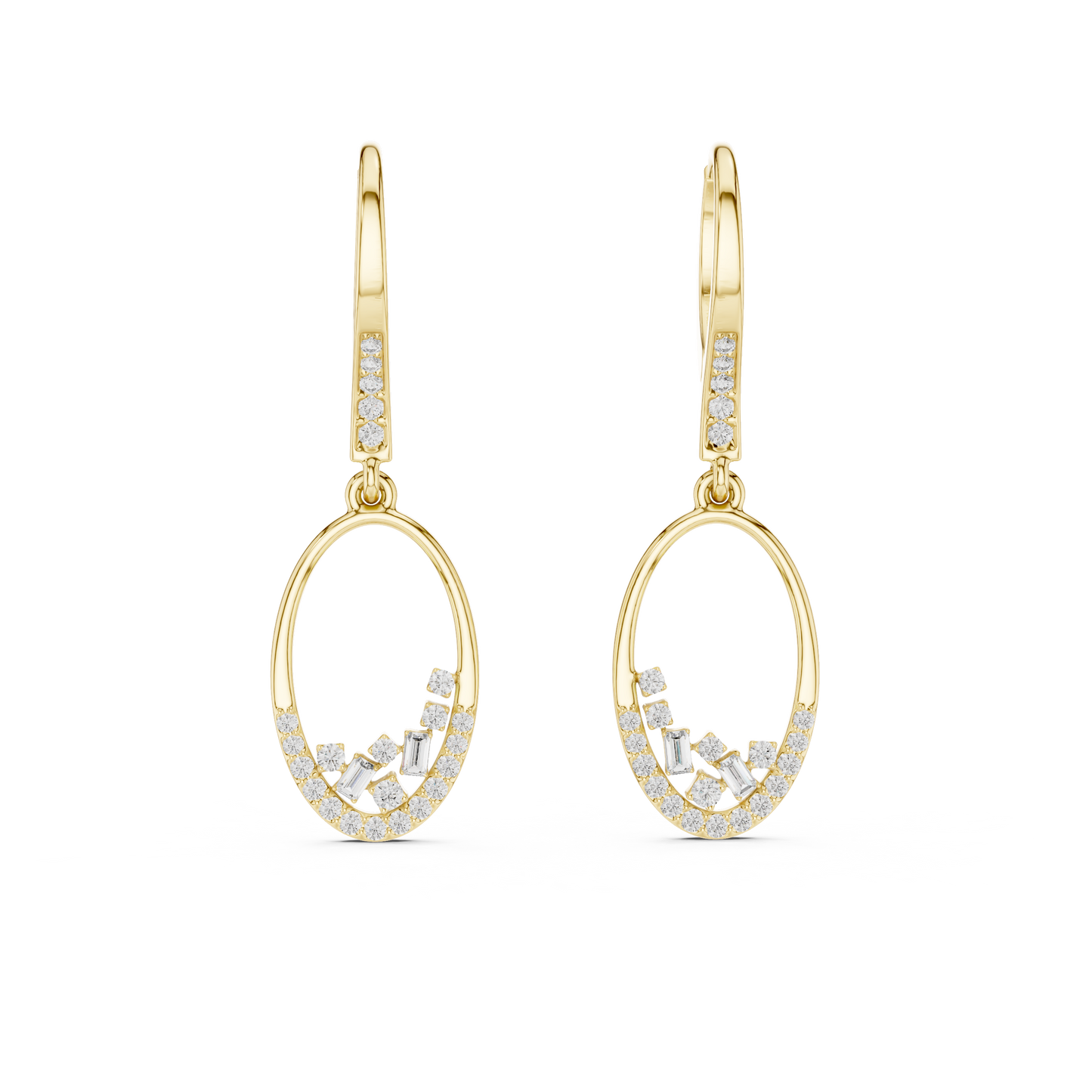 Yellow Gold Mixed-Cut Diamond Oval Drop Earrings - Baguette & Round Cluster Dangles