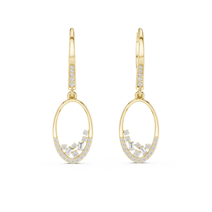 Yellow Gold Mixed-Cut Diamond Oval Drop Earrings - Baguette & Round Cluster Dangles