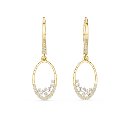 Yellow Gold Mixed-Cut Diamond Oval Drop Earrings - Baguette & Round Cluster Dangles