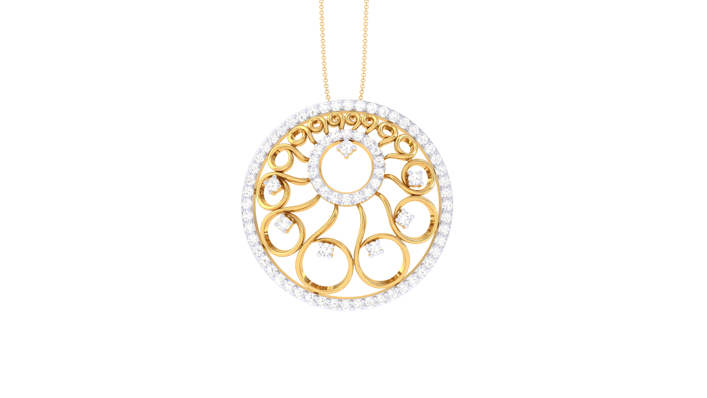 Ornate Halo Pendant With Gold Swirl Motif – 0.63 Ct Sparking Diamonds