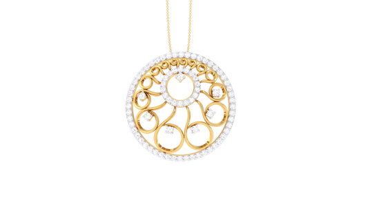 Ornate Halo Pendant With Gold Swirl Motif – 0.63 Ct Sparking Diamonds