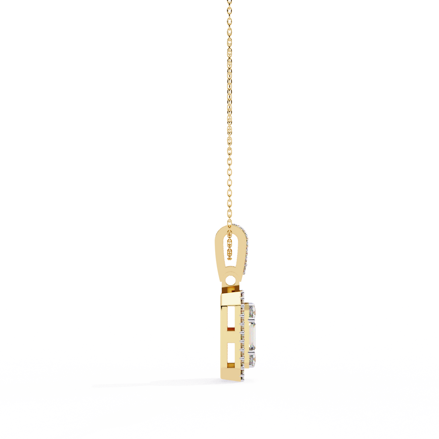 0.72 Ct Baguette & Round Brilliant Diamond Illusion Halo Pendant in Gold