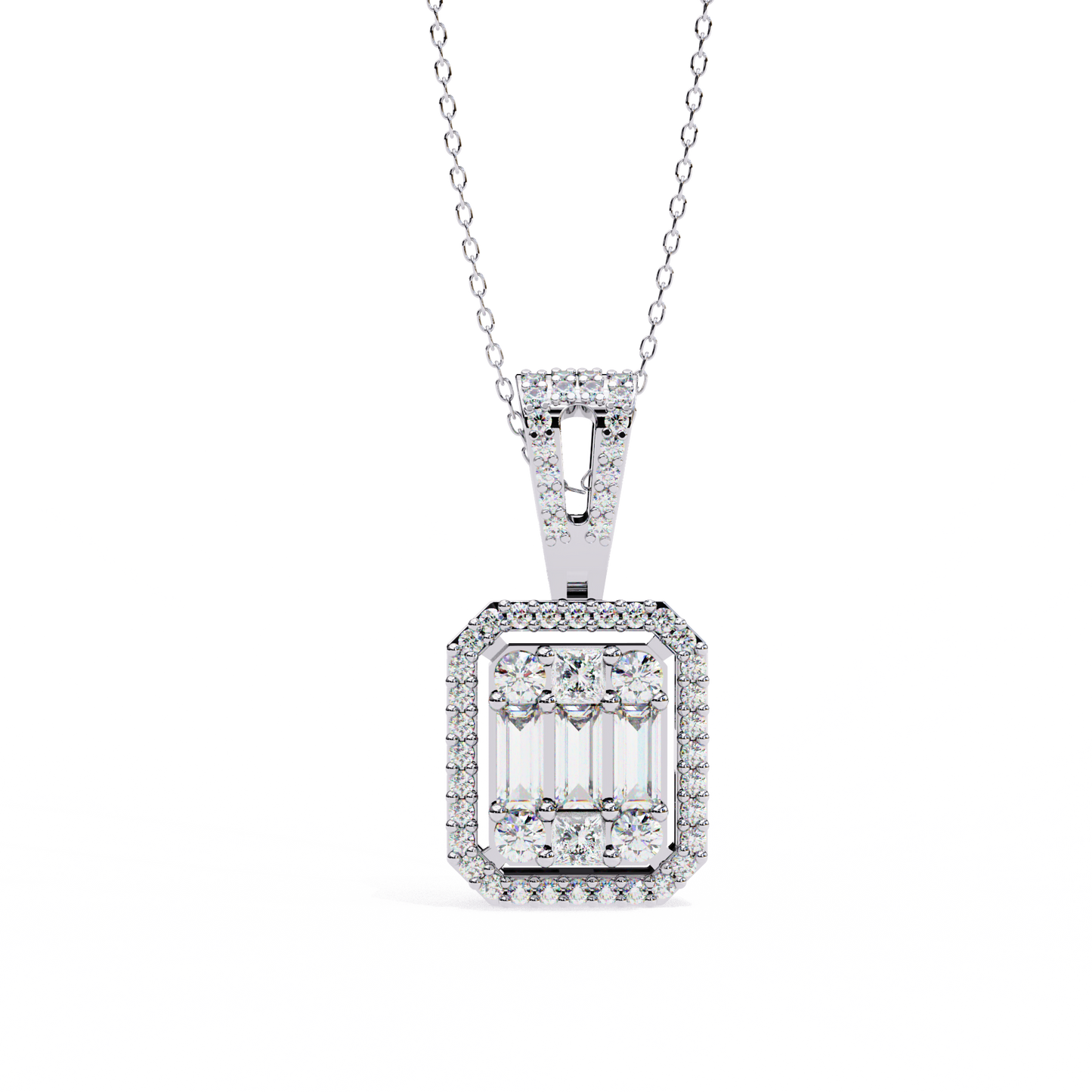 0.72 Ct Baguette & Round Brilliant Diamond Illusion Halo Pendant in Gold