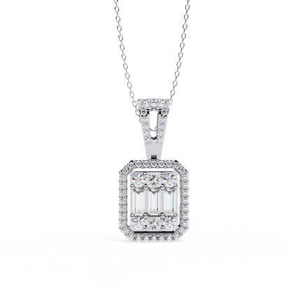 0.72 Ct Baguette & Round Brilliant Diamond Illusion Halo Pendant in Gold