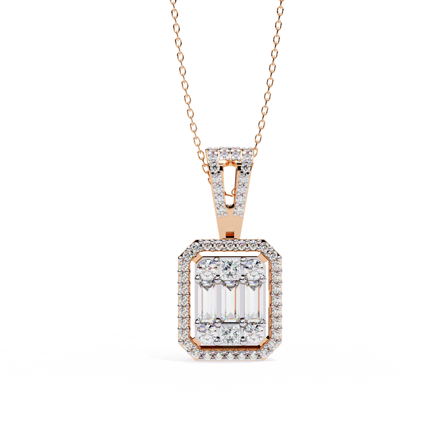 0.72 Ct Baguette & Round Brilliant Diamond Illusion Halo Pendant in Gold