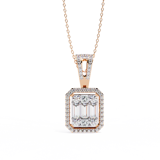 0.72 Ct Baguette & Round Brilliant Diamond Illusion Halo Pendant in Gold