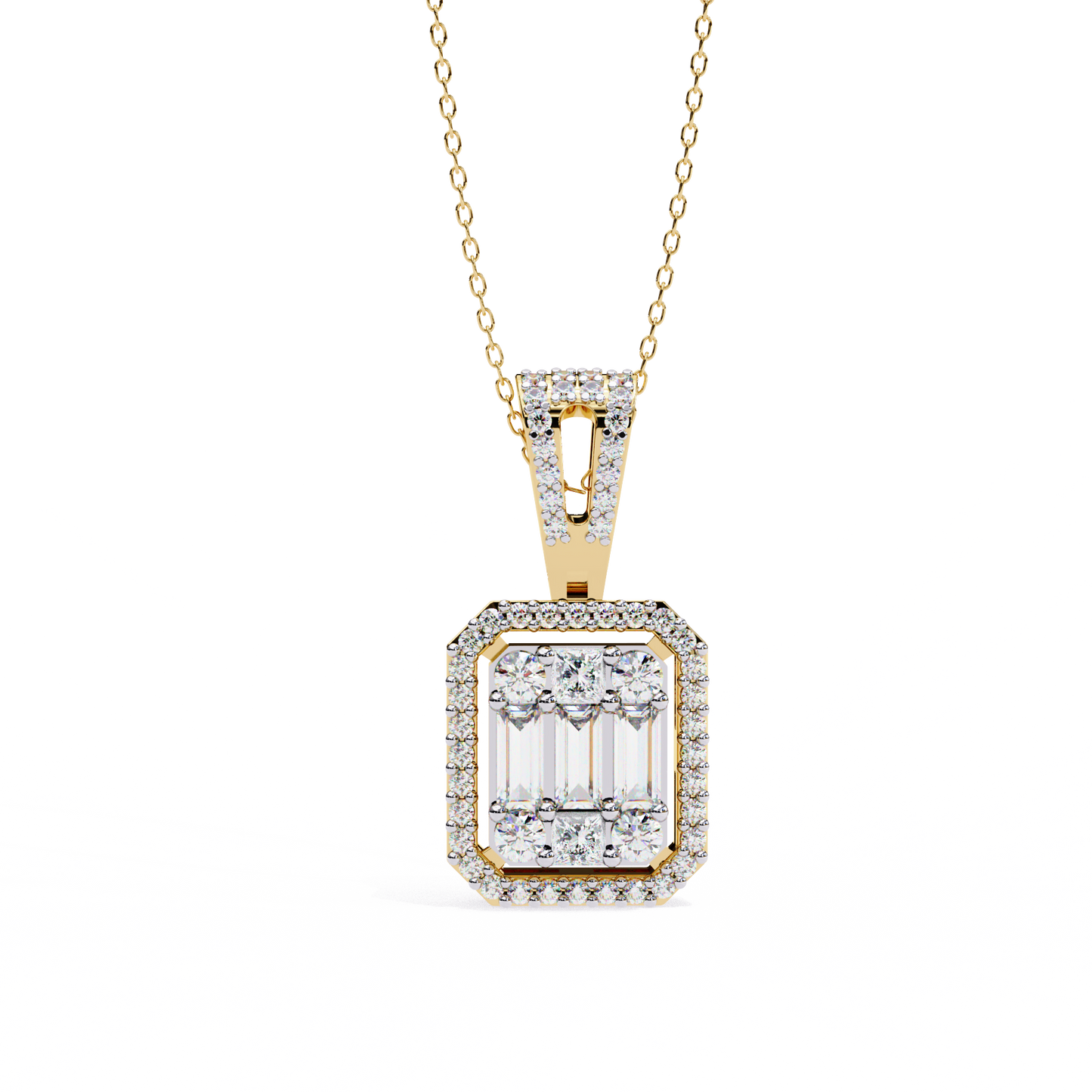 0.72 Ct Baguette & Round Brilliant Diamond Illusion Halo Pendant in Gold