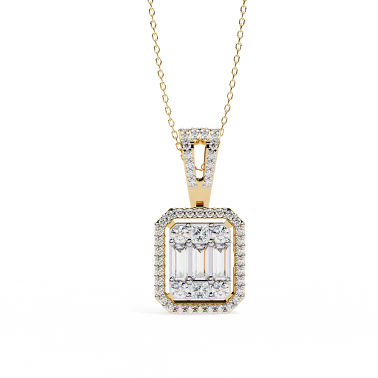 0.72 Ct Baguette & Round Brilliant Diamond Illusion Halo Pendant in Gold