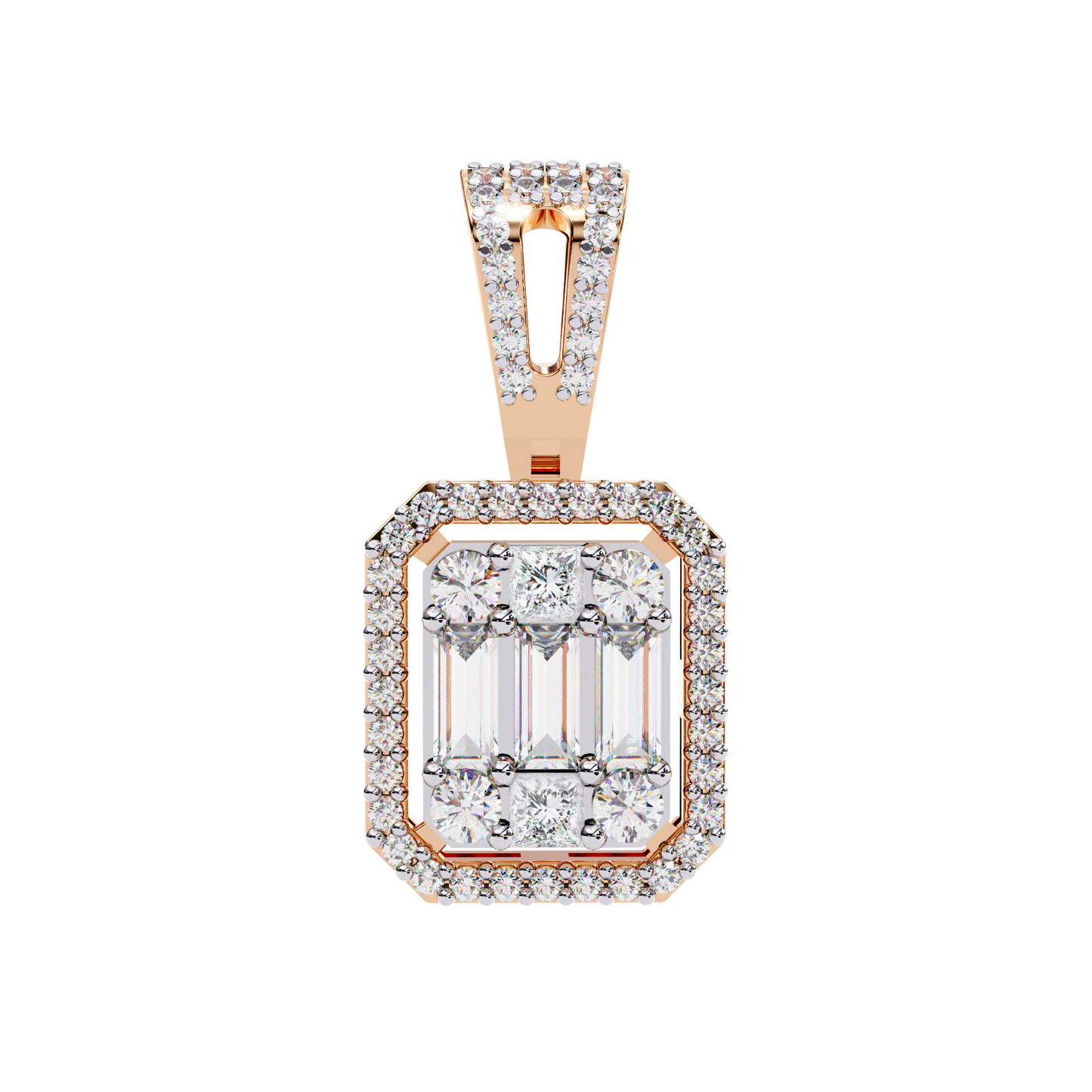 0.72 Ct Baguette & Round Brilliant Diamond Illusion Halo Pendant in Gold