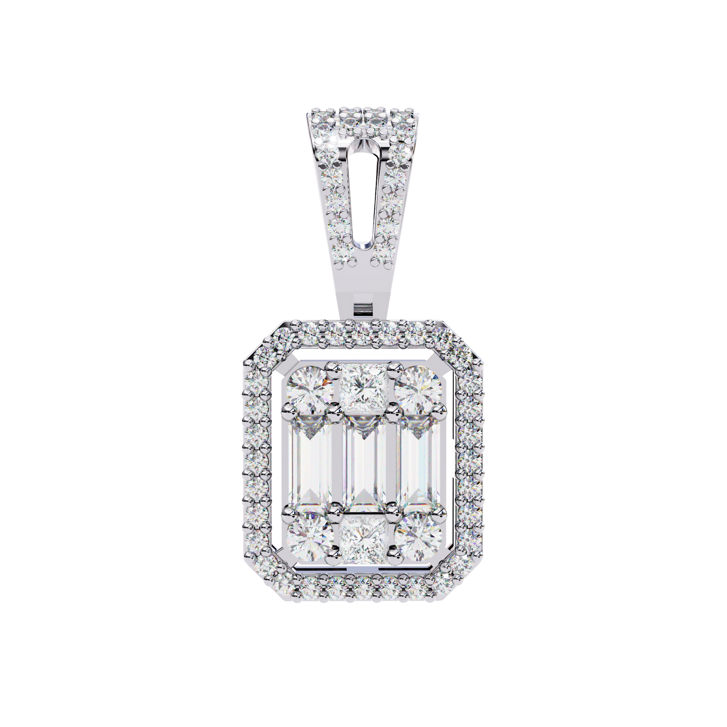 0.72 Ct Baguette & Round Brilliant Diamond Illusion Halo Pendant in Gold