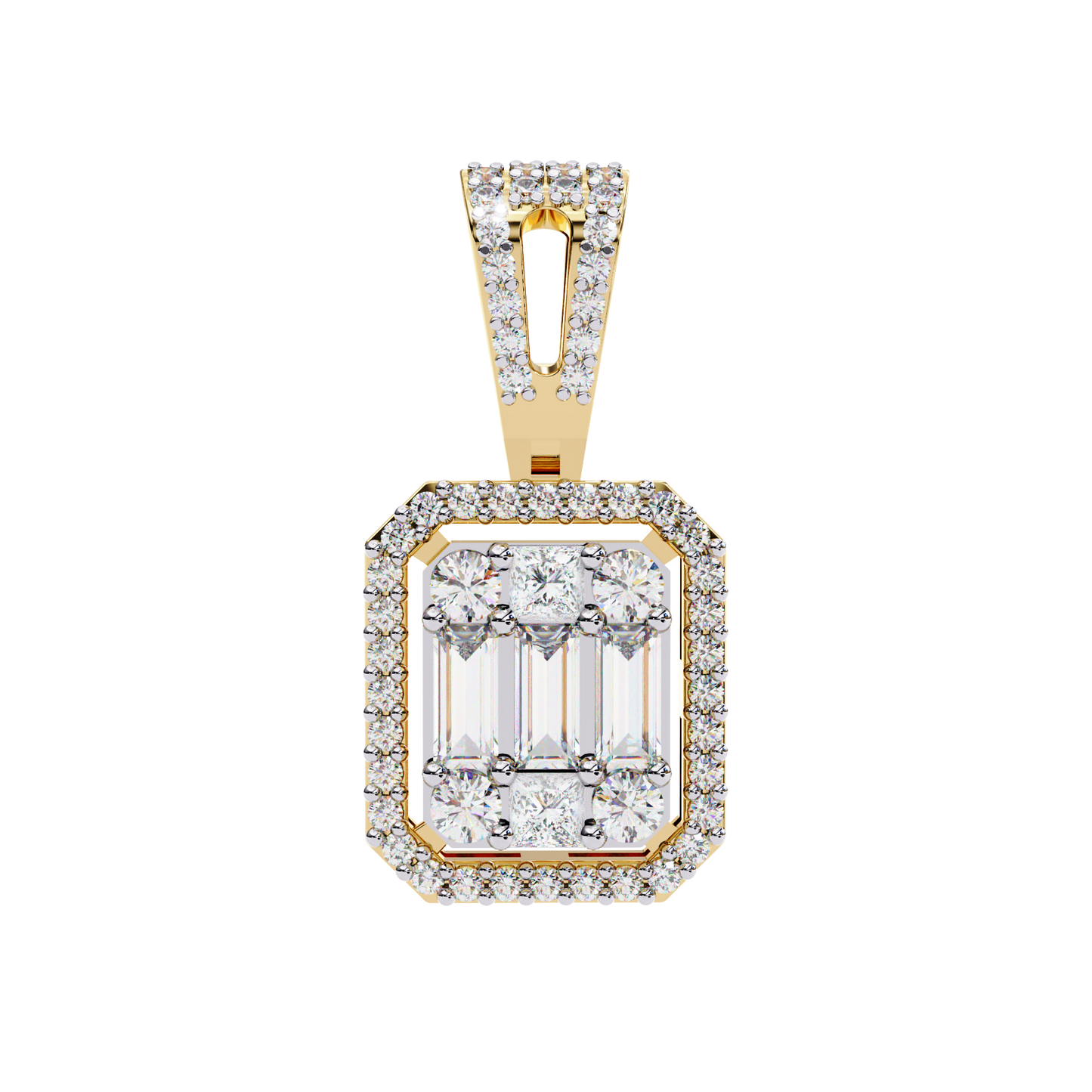 0.72 Ct Baguette & Round Brilliant Diamond Illusion Halo Pendant in Gold