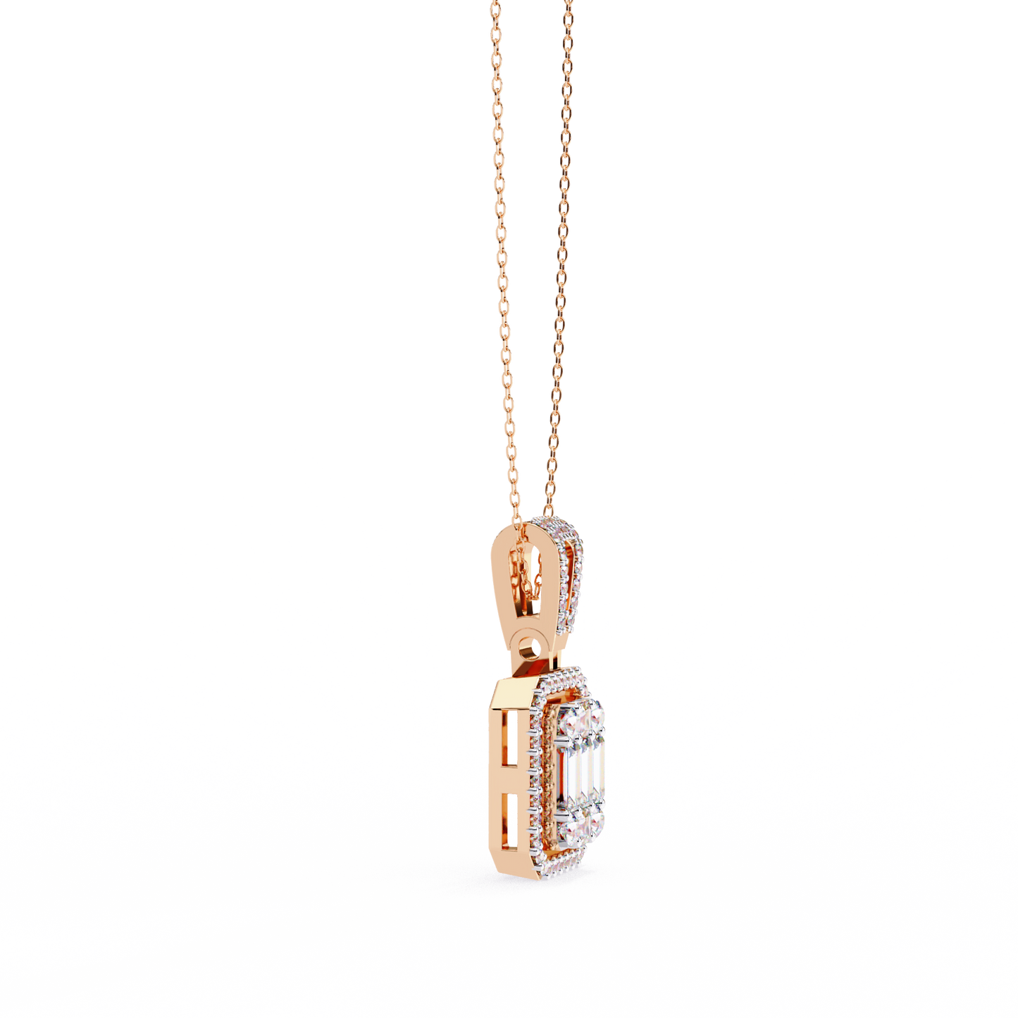 0.72 Ct Baguette & Round Brilliant Diamond Illusion Halo Pendant in Gold