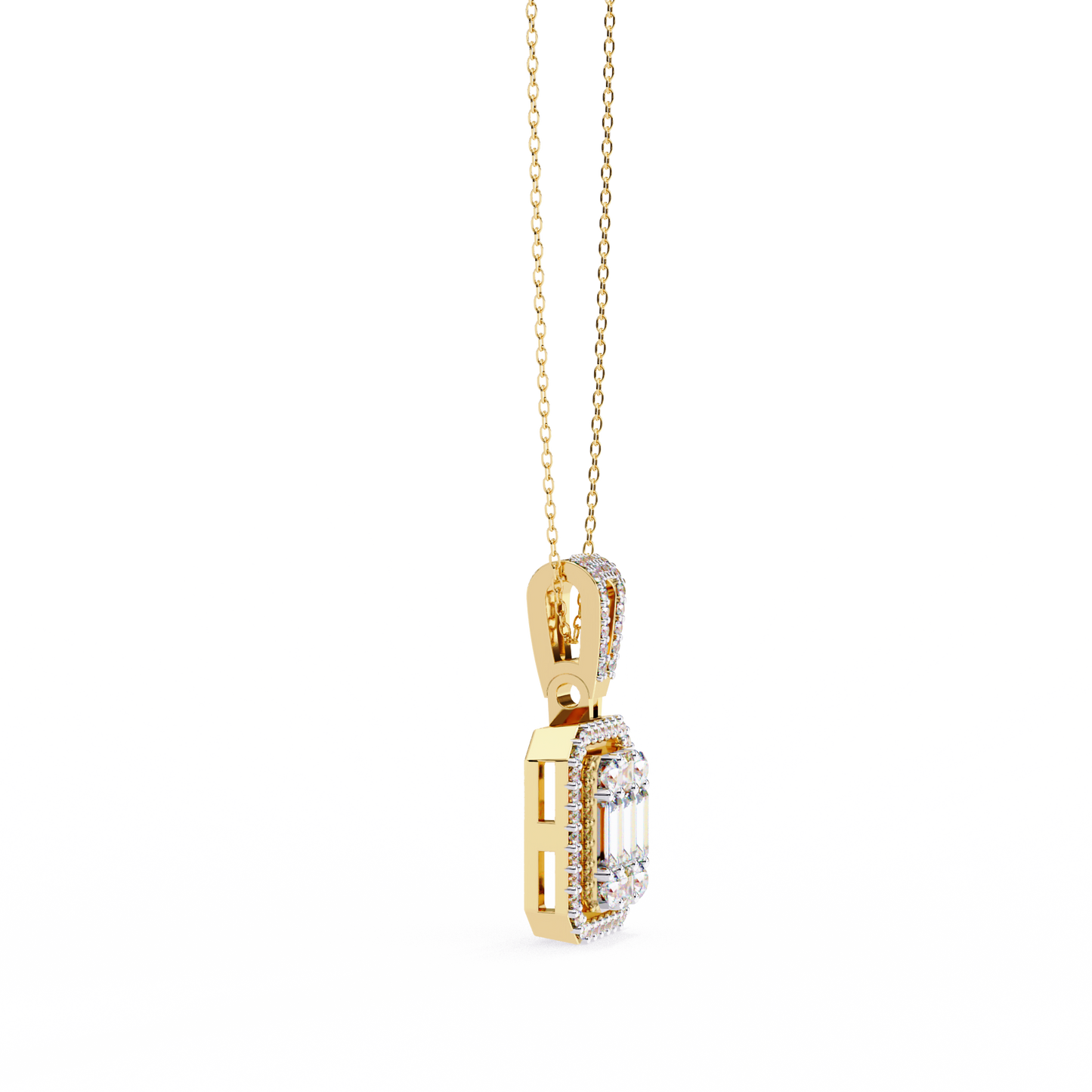 0.72 Ct Baguette & Round Brilliant Diamond Illusion Halo Pendant in Gold