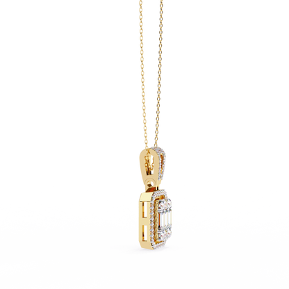 0.72 Ct Baguette & Round Brilliant Diamond Illusion Halo Pendant in Gold
