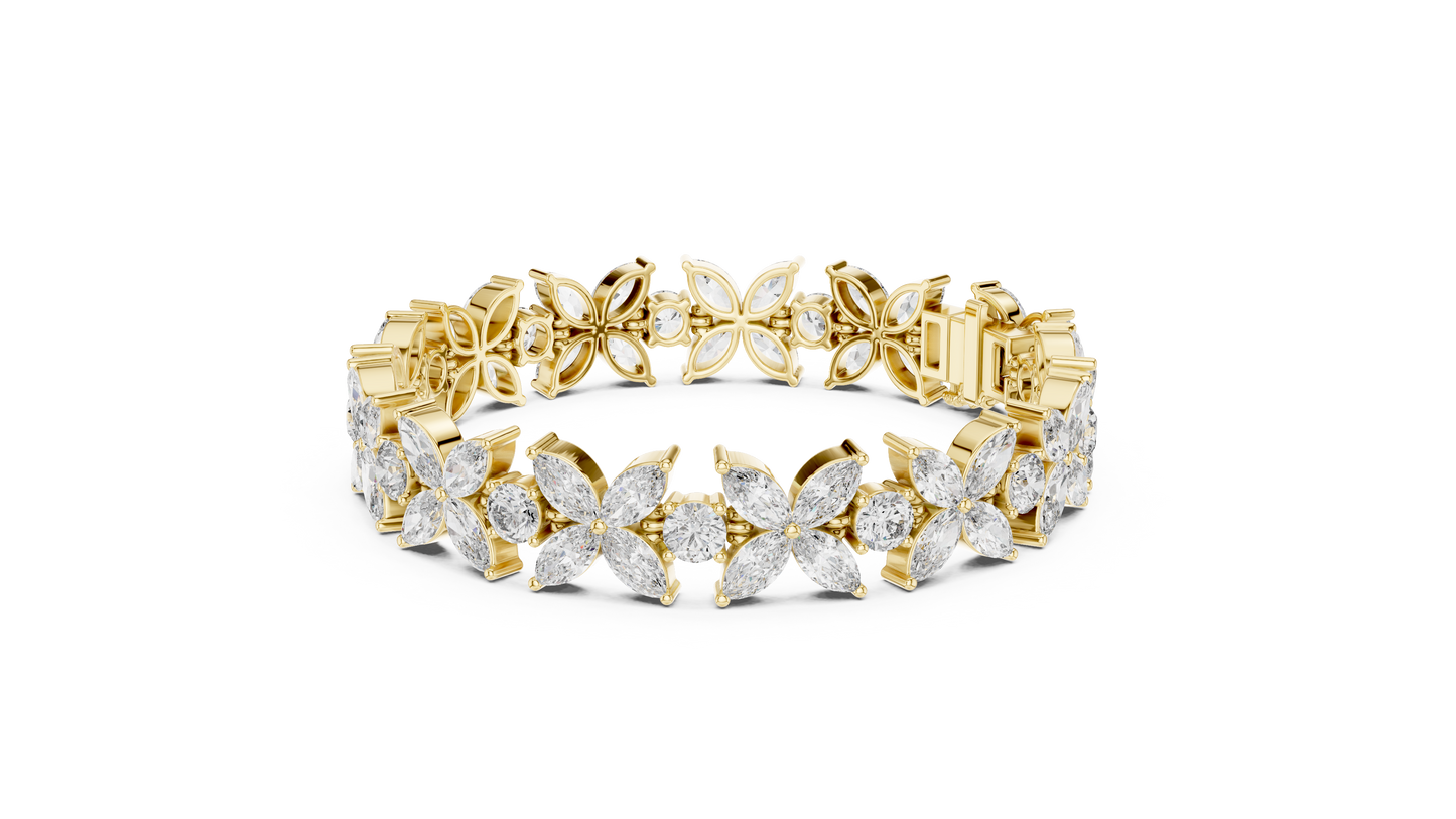 14.05CTW Marquise Floral Cluster Diamond Bracelet in Yellow Gold