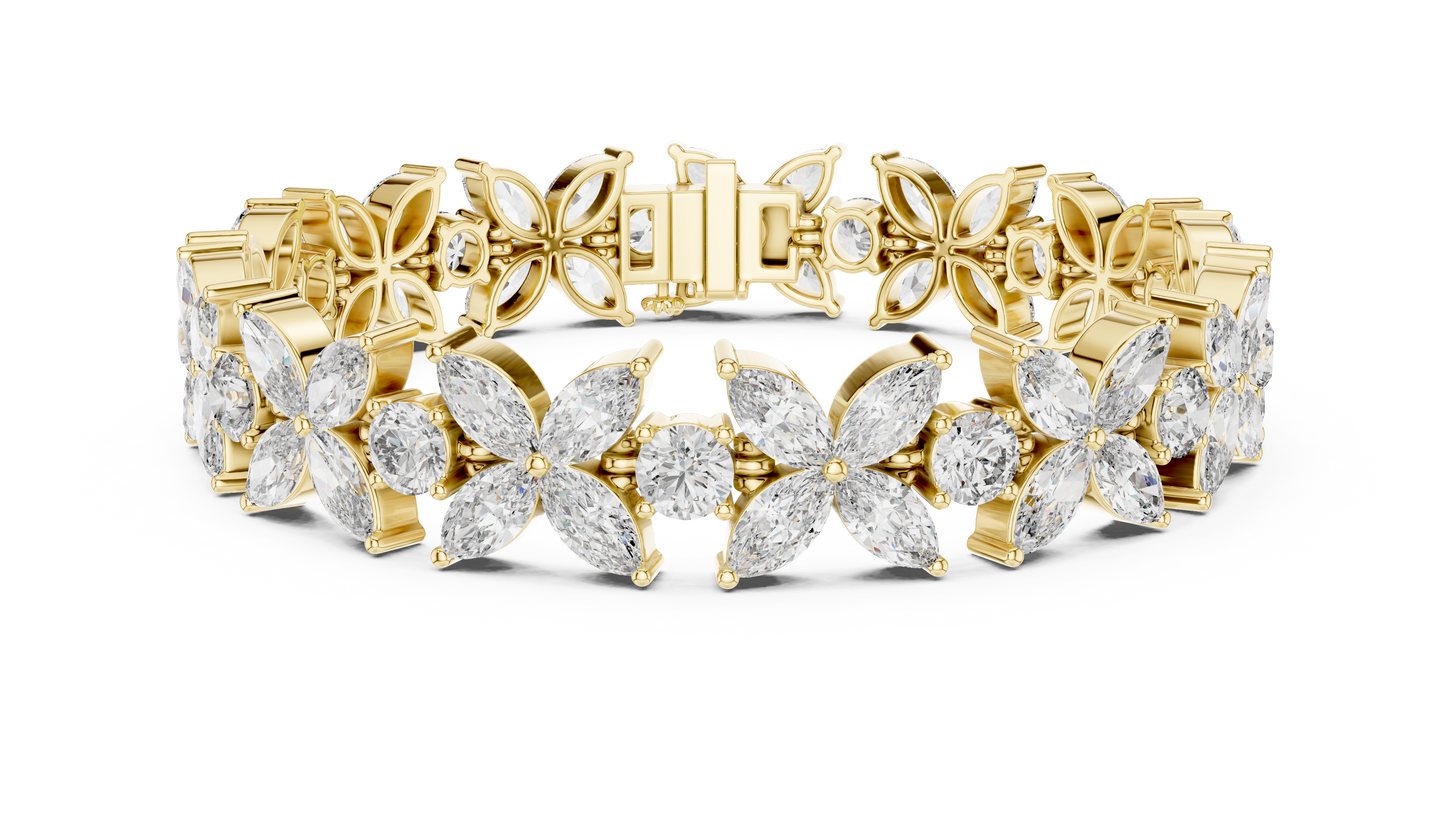 14.05CTW Marquise Floral Cluster Diamond Bracelet in Yellow Gold