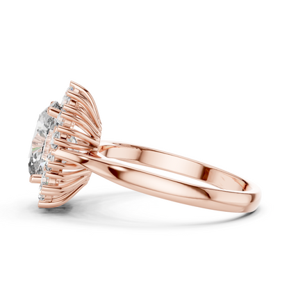 2.56CTW Oval Cut Diamond Sunburst Halo Engagement Ring in Yellow Gold