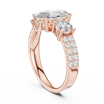Yellow Gold Oval Cut Three-Stone Ring :3.1CTW Round Side Diamonds