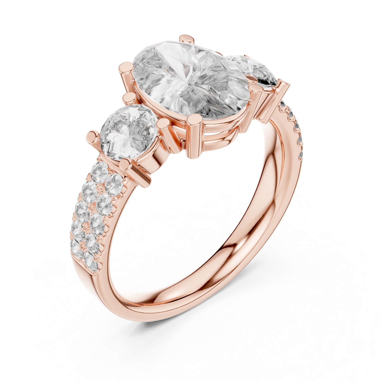 Yellow Gold Oval Cut Three-Stone Ring :3.1CTW Round Side Diamonds