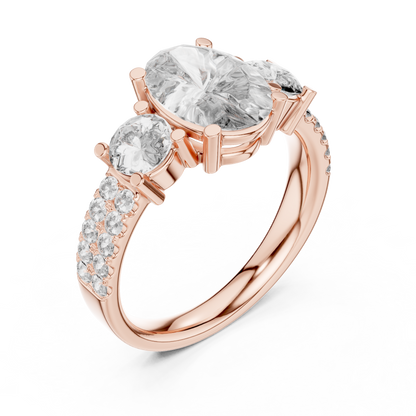 Yellow Gold Oval Cut Three-Stone Ring :3.1CTW Round Side Diamonds