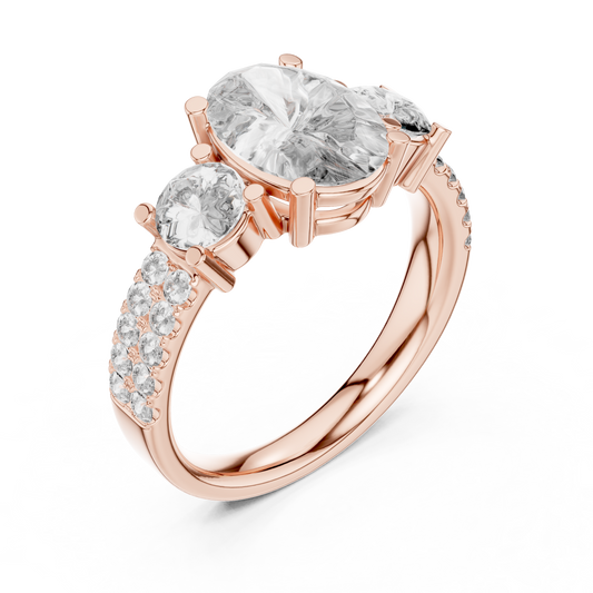 Yellow Gold Oval Cut Three-Stone Ring :3.1CTW Round Side Diamonds