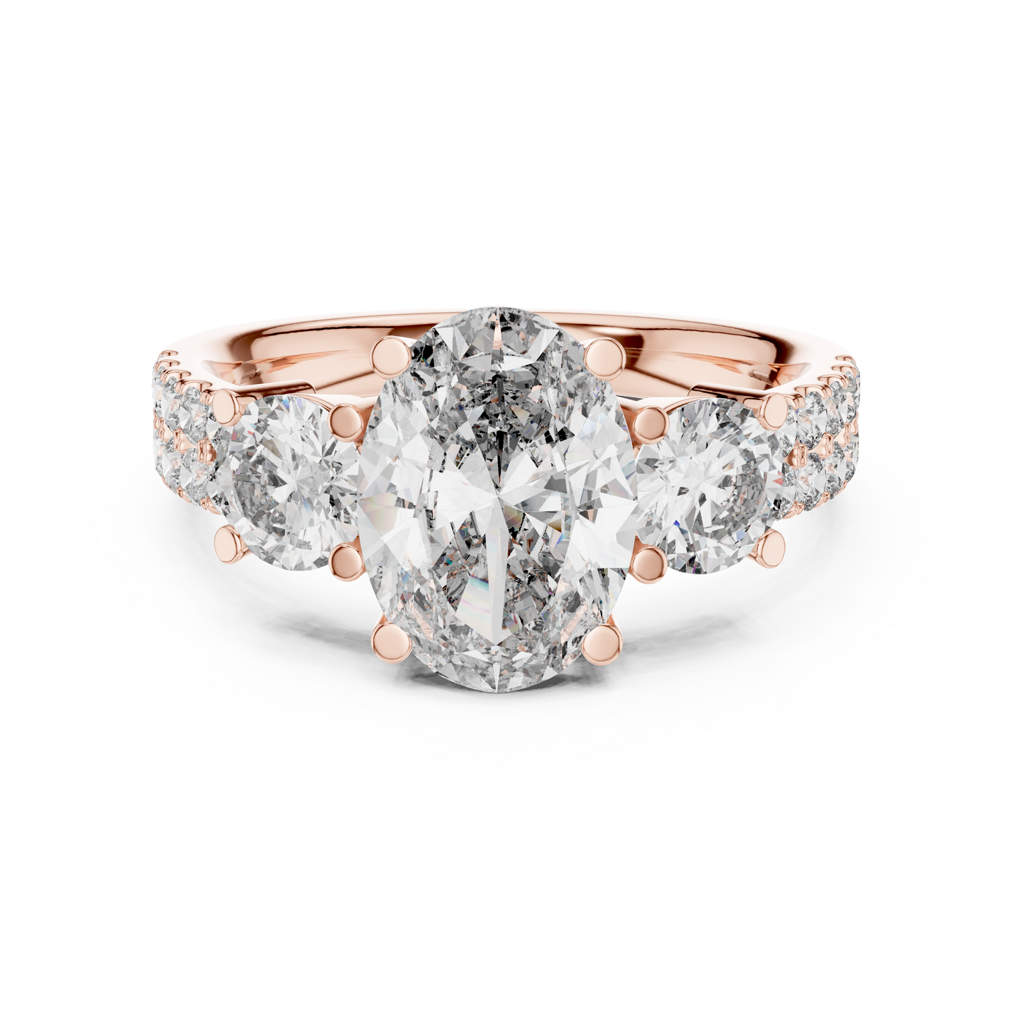 Yellow Gold Oval Cut Three-Stone Ring :3.1CTW Round Side Diamonds