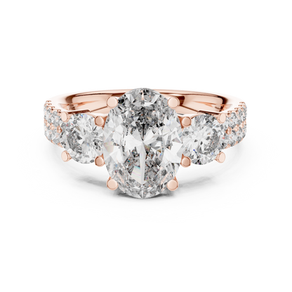 Yellow Gold Oval Cut Three-Stone Ring :3.1CTW Round Side Diamonds