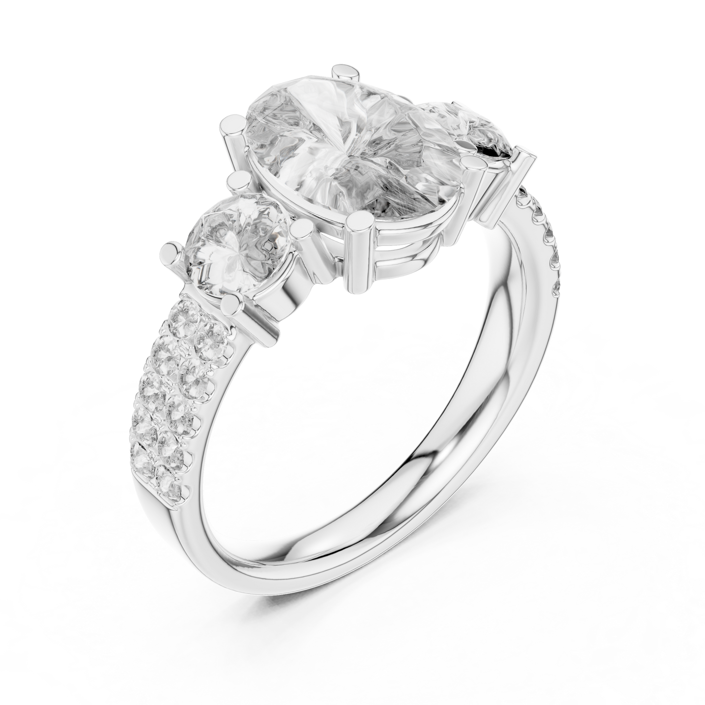 Yellow Gold Oval Cut Three-Stone Ring :3.1CTW Round Side Diamonds