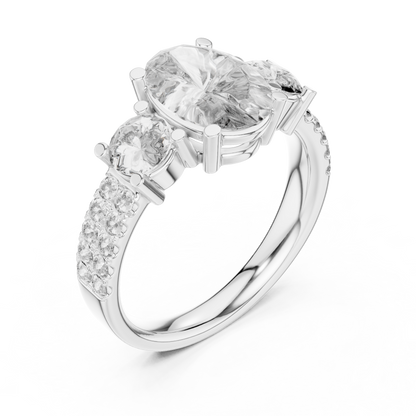 Yellow Gold Oval Cut Three-Stone Ring :3.1CTW Round Side Diamonds