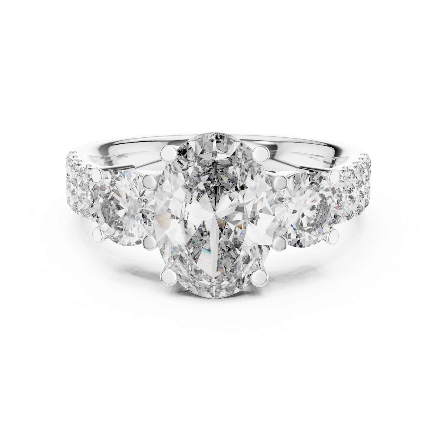 Yellow Gold Oval Cut Three-Stone Ring :3.1CTW Round Side Diamonds
