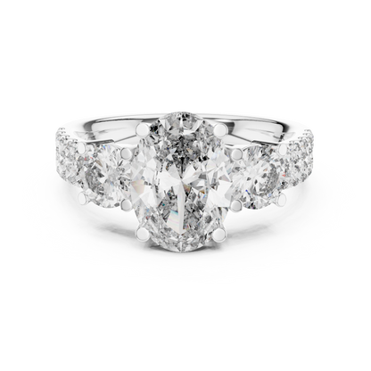 Yellow Gold Oval Cut Three-Stone Ring :3.1CTW Round Side Diamonds