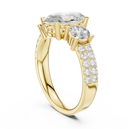 Yellow Gold Oval Cut Three-Stone Ring :3.1CTW Round Side Diamonds