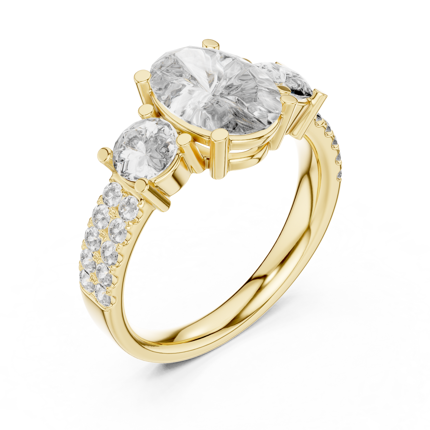 Yellow Gold Oval Cut Three-Stone Ring :3.1CTW Round Side Diamonds