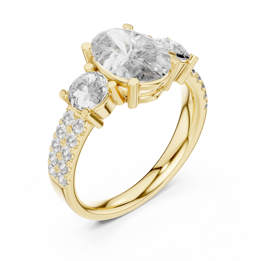 Yellow Gold Oval Cut Three-Stone Ring :3.1CTW Round Side Diamonds
