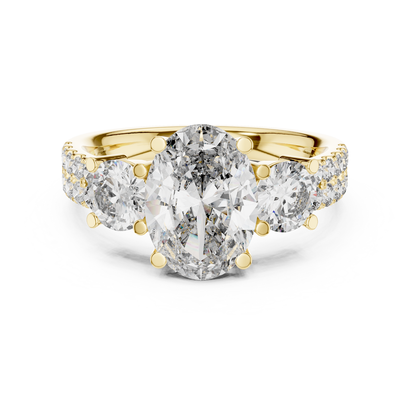Yellow Gold Oval Cut Three-Stone Ring :3.1CTW Round Side Diamonds