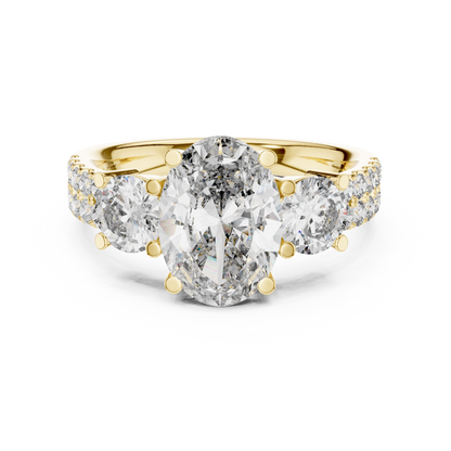 Yellow Gold Oval Cut Three-Stone Ring :3.1CTW Round Side Diamonds