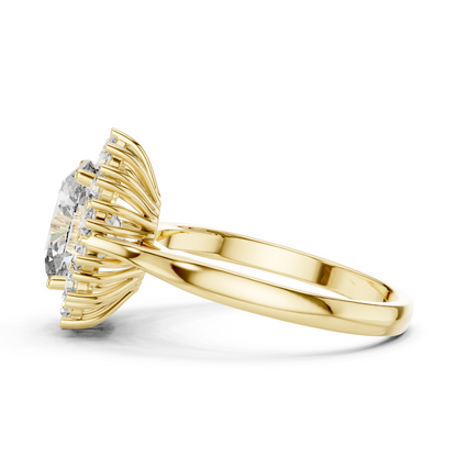 2.56CTW Oval Cut Diamond Sunburst Halo Engagement Ring in Yellow Gold