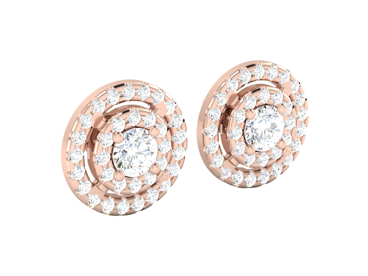 Gold Double Halo Diamond Stud Earrings - Round Brilliant Cut