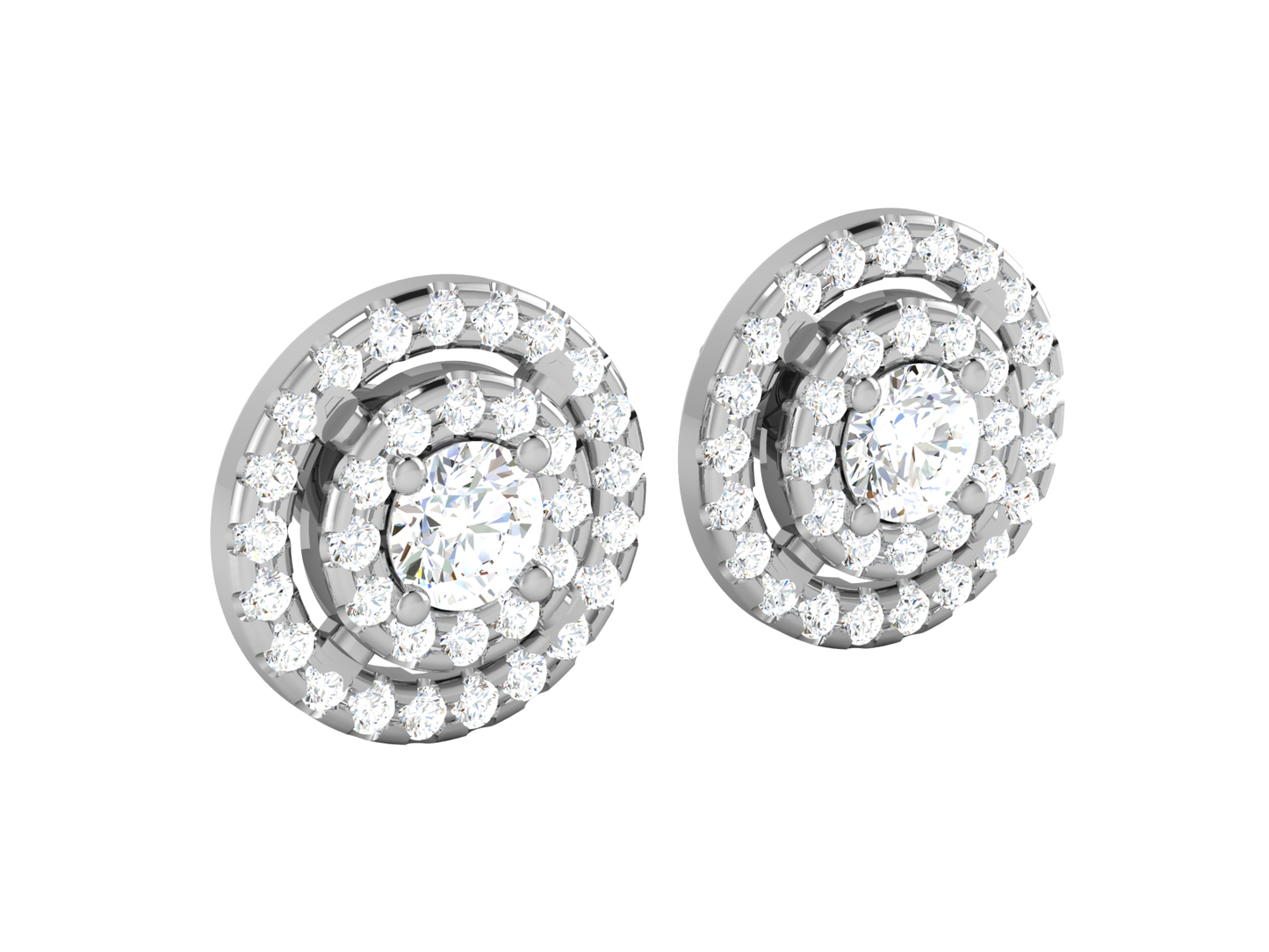 Gold Double Halo Diamond Stud Earrings - Round Brilliant Cut