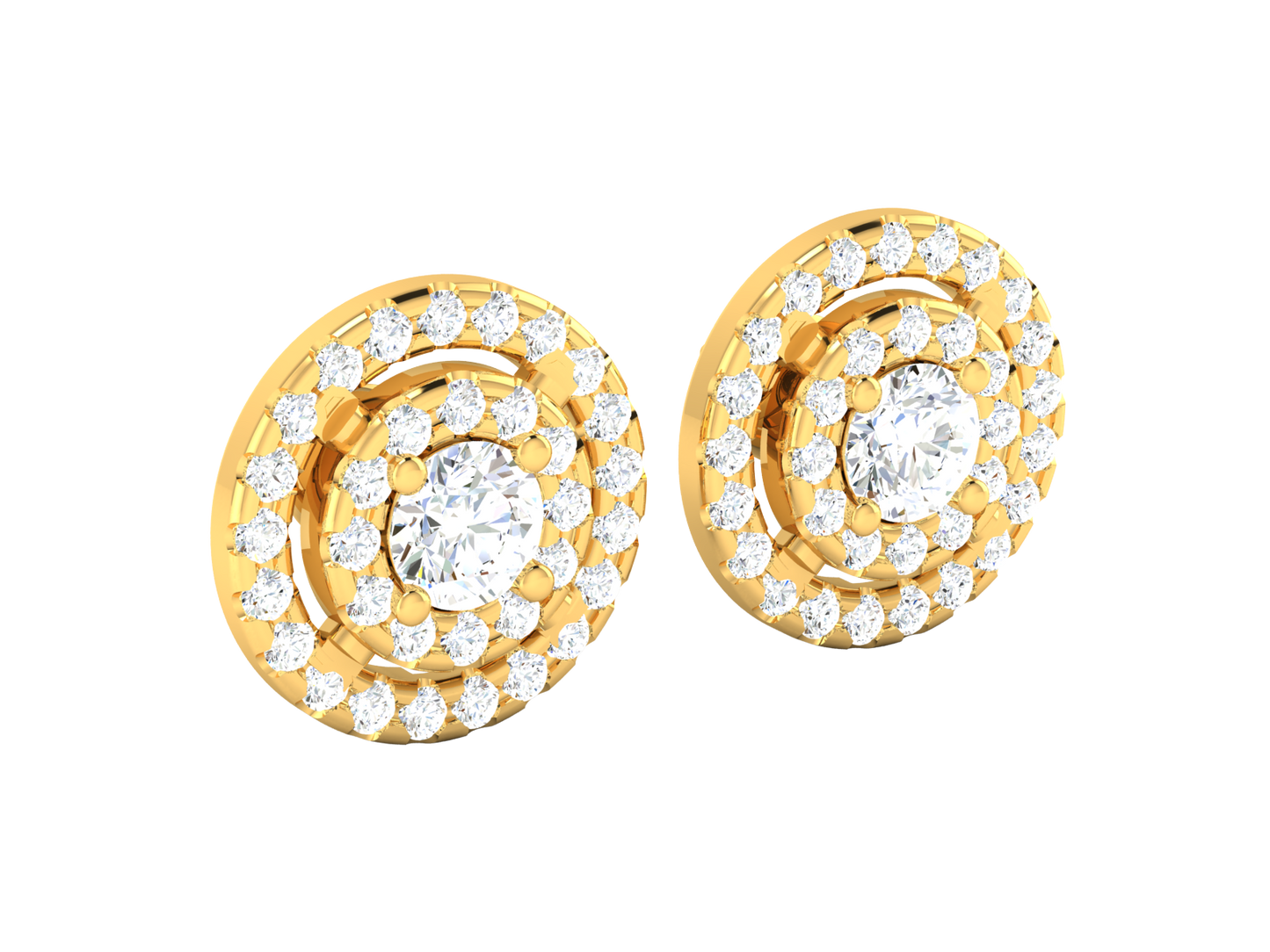 Gold Double Halo Diamond Stud Earrings - Round Brilliant Cut