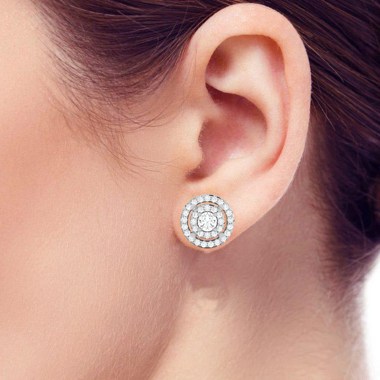 Gold Double Halo Diamond Stud Earrings - Round Brilliant Cut