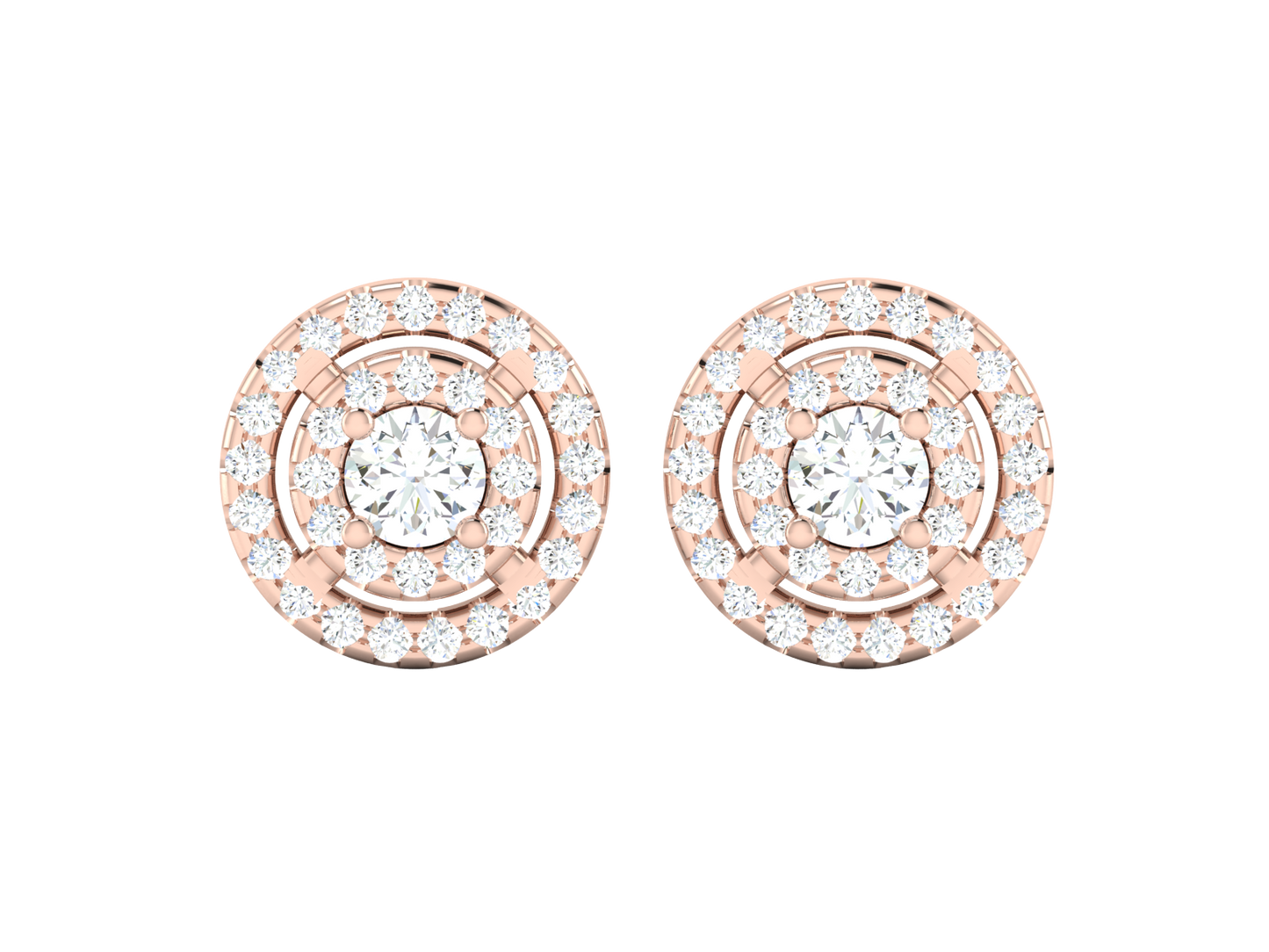 Gold Double Halo Diamond Stud Earrings - Round Brilliant Cut