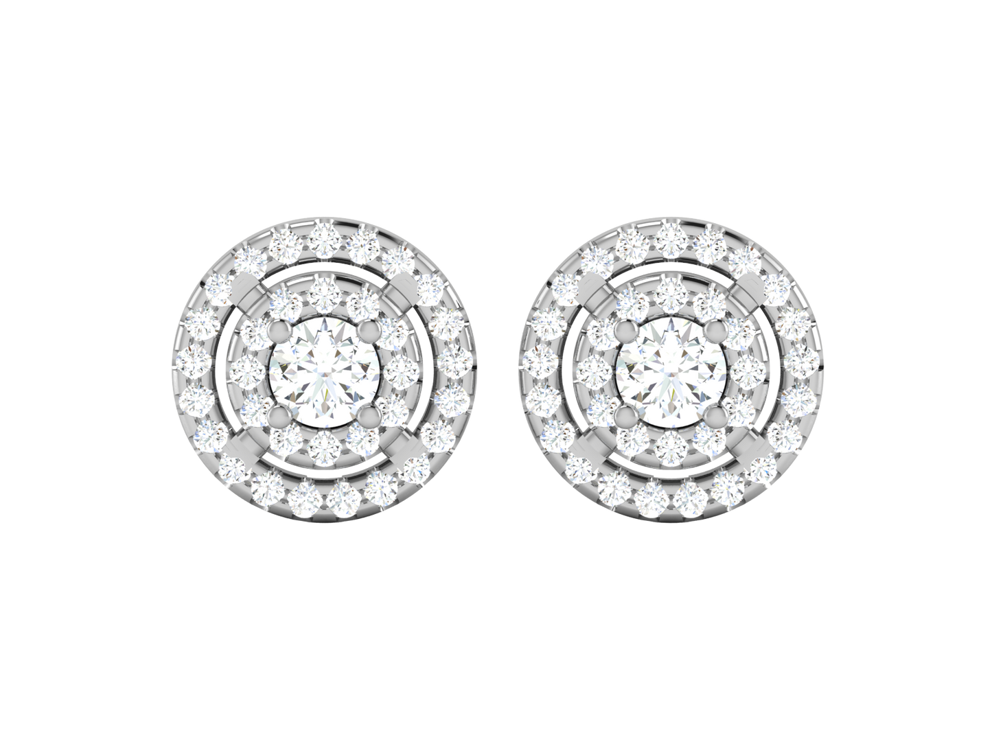 Gold Double Halo Diamond Stud Earrings - Round Brilliant Cut