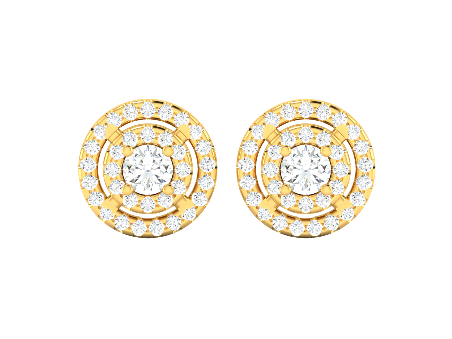 Gold Double Halo Diamond Stud Earrings - Round Brilliant Cut