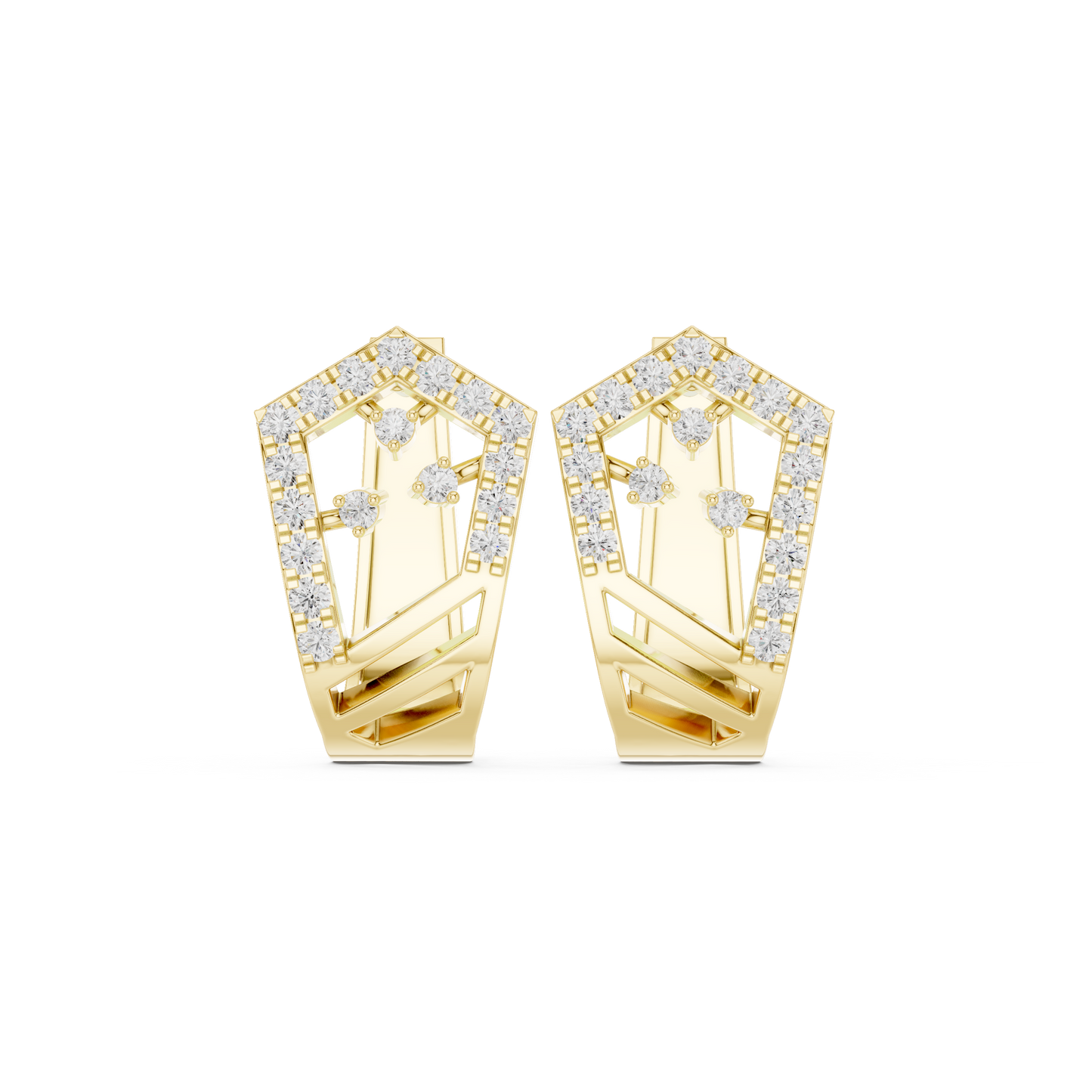 0.50CTW Wide Geometric Pentagon Open-Work Diamond Hoop Earrings in Yellow Gold