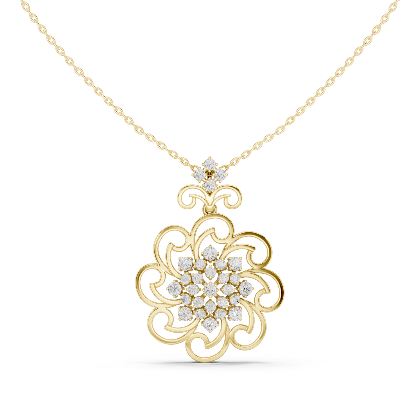 Floral Swirl Diamond Medallion Pendant Yellow Gold- 1.03CTW