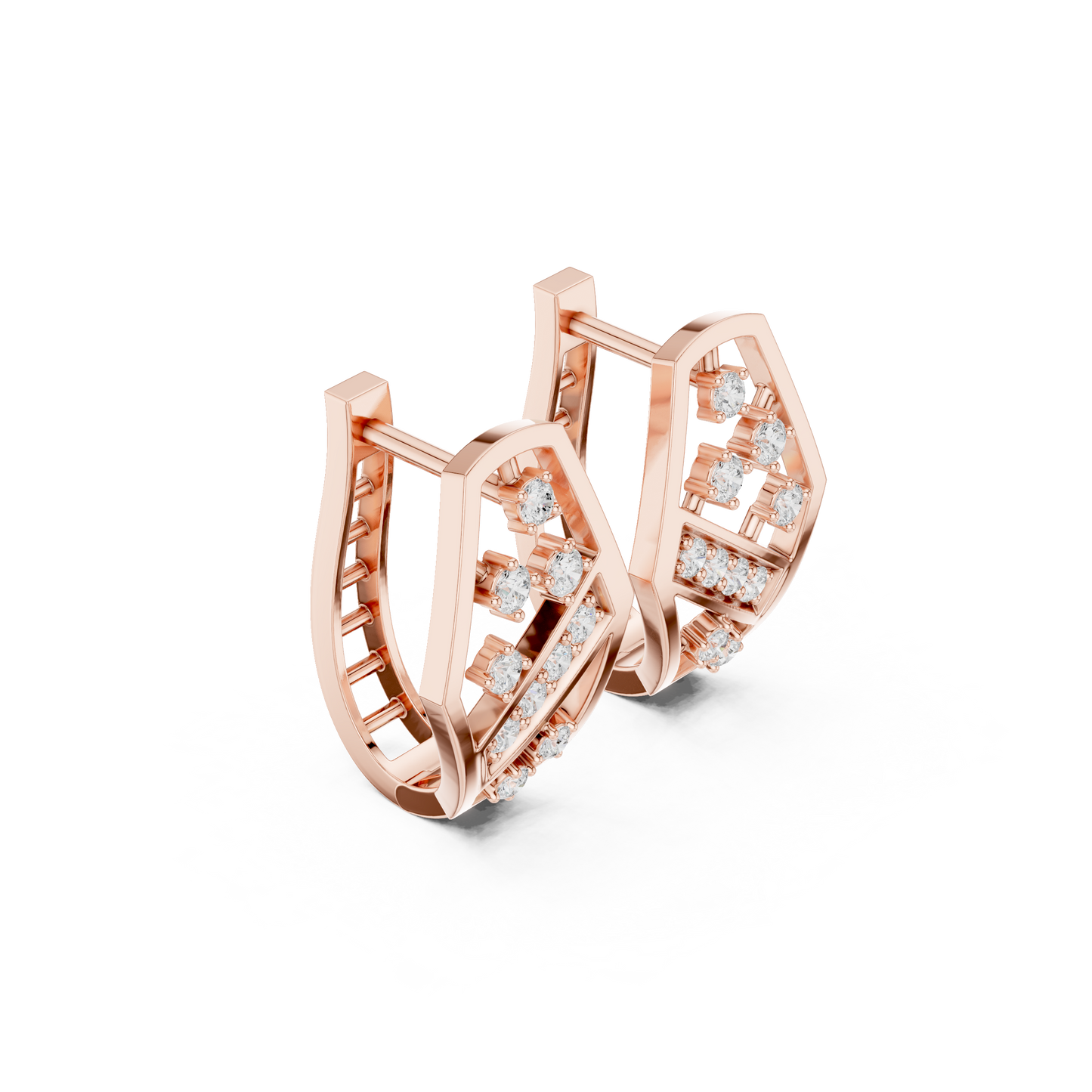 Yellow Gold Diamond Hexagonal Huggies | 0.32CTW Brilliant Cluster Openwork Hoop Earrings