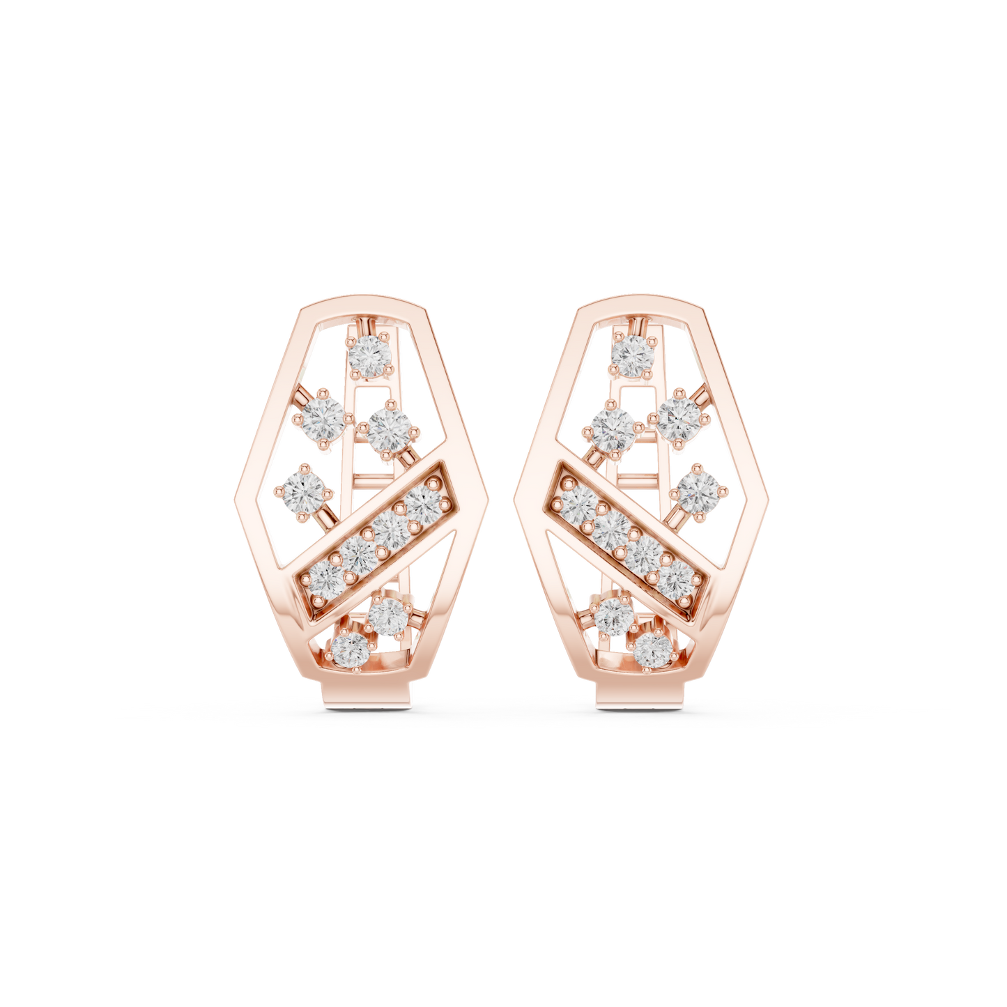 Yellow Gold Diamond Hexagonal Huggies | 0.32CTW Brilliant Cluster Openwork Hoop Earrings