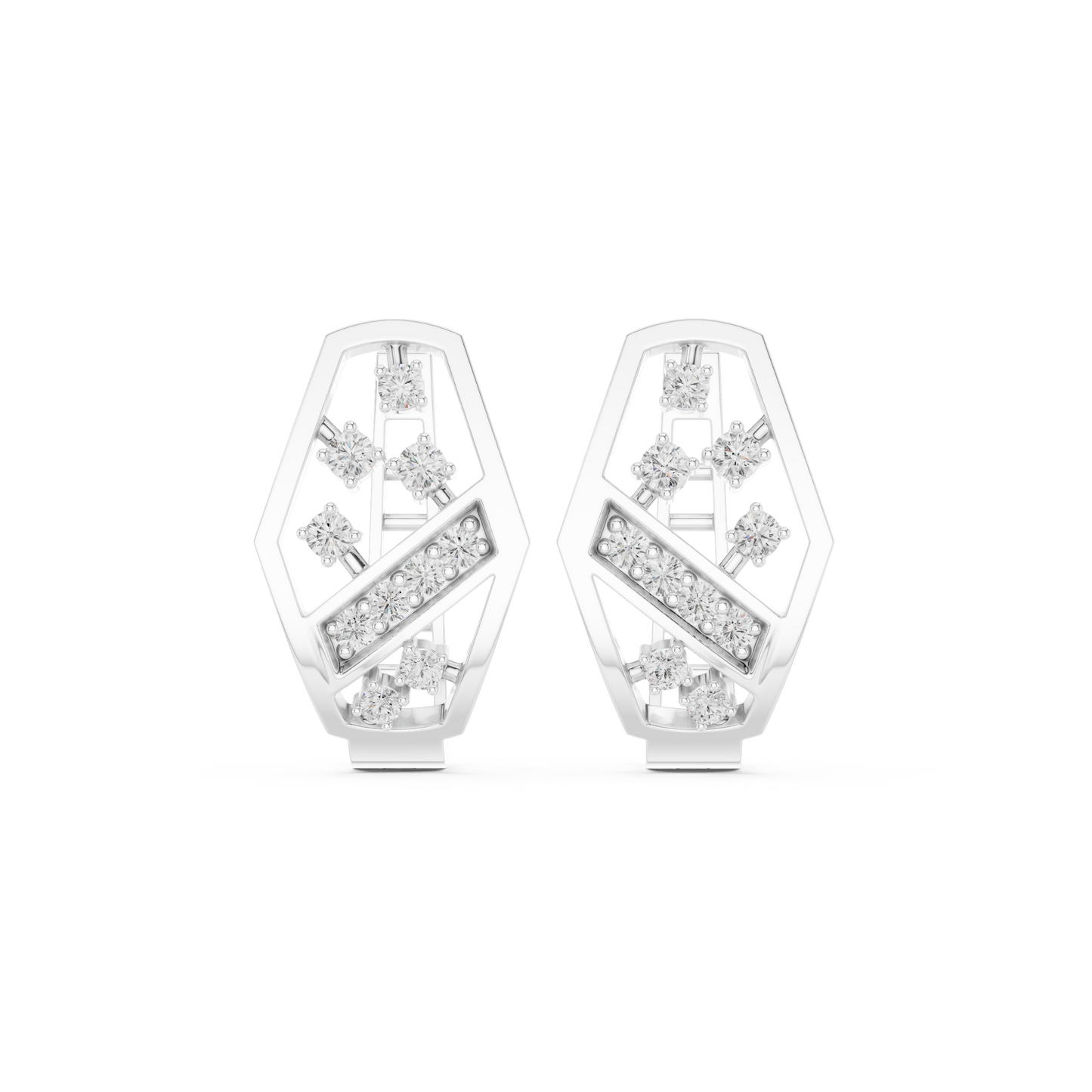 Yellow Gold Diamond Hexagonal Huggies | 0.32CTW Brilliant Cluster Openwork Hoop Earrings