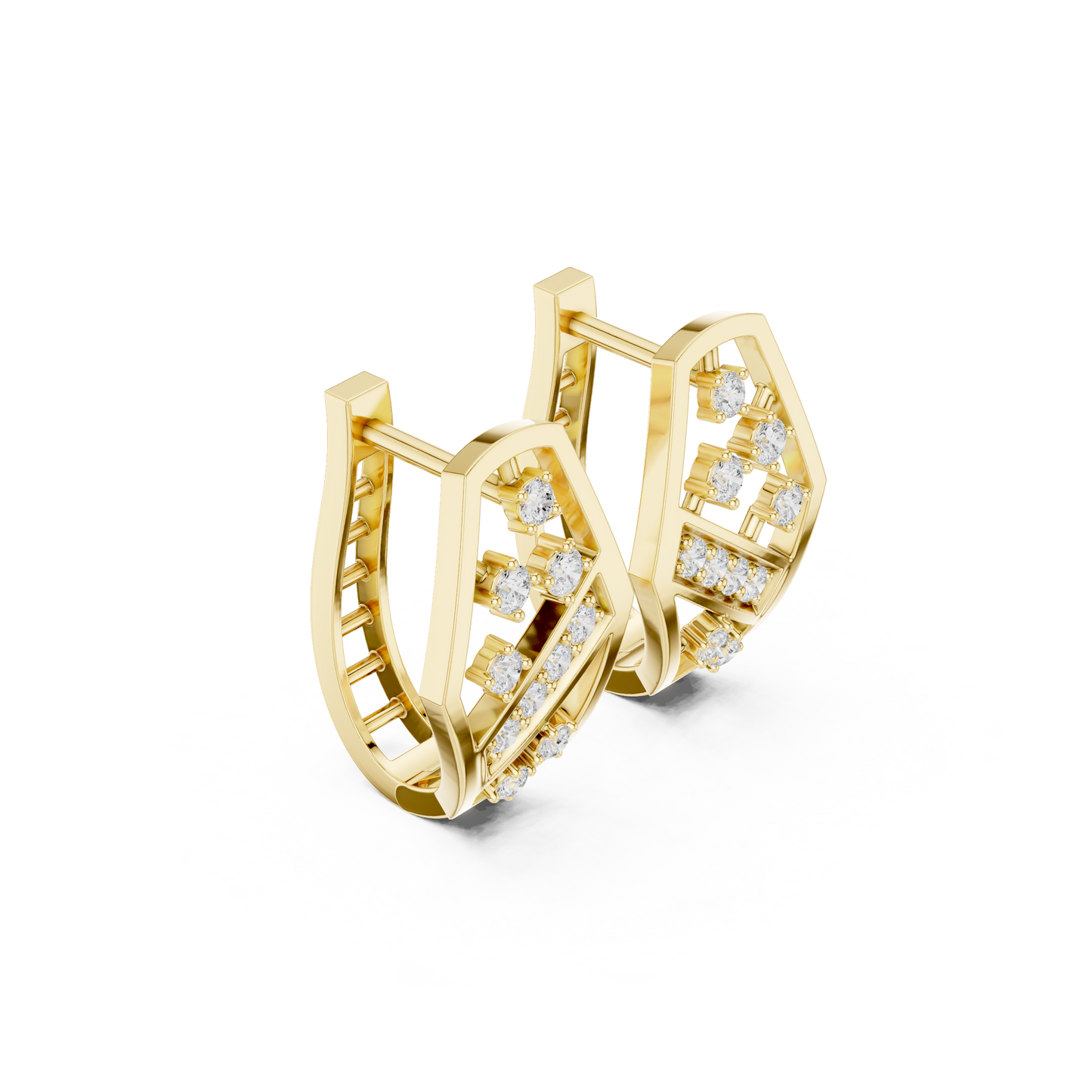 Yellow Gold Diamond Hexagonal Huggies | 0.32CTW Brilliant Cluster Openwork Hoop Earrings